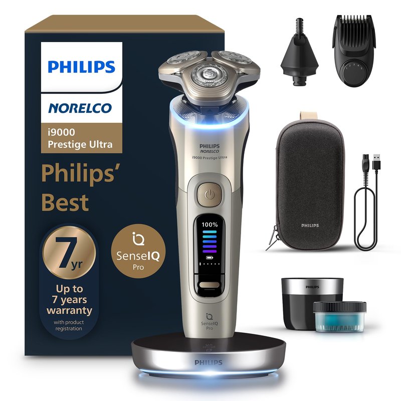 Philips Norelco Shaver i9000 Prestige Ultra, Wet & Dry Electric Shaver, White Gold, SenseIQ Pro Technology, Triple Lift & Cut System, 360 Rotating NanoTech Precision Blades, Beard Styler, XP9403/88