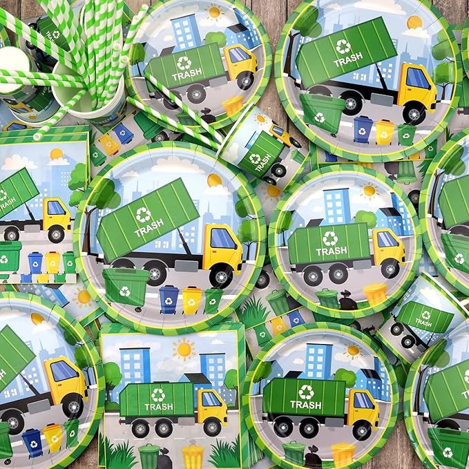 Trash Truck Birthday Party Decoration - Garbage Truck Birthday Party Tableware Supplies Includes Plates, Cups, Napkins, Tablecloth, Straws (20)