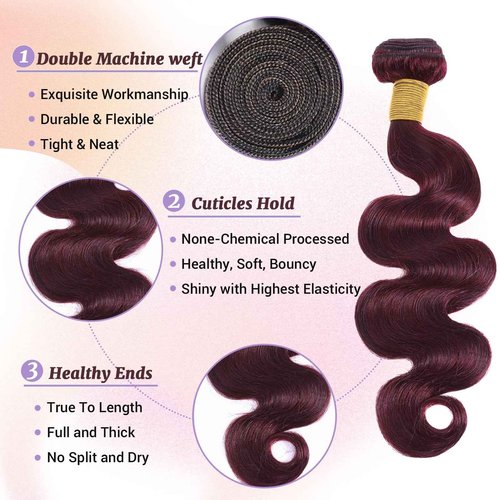 DSEKCAIN 99J Human Hair Bundles Body Wave Burgundy Dark Red Wine Color Body Wave Bundles 100% Real Human Hair And True To Length 10 12 14 Inch 3 Pcs/Pack