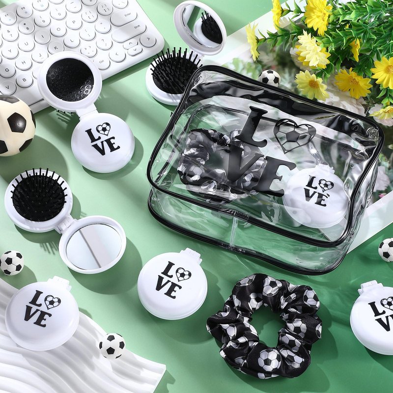 Yungyan 36 Pcs Soccer Gifts 12 Soccer Makeup Bag for Women Party Favors Team Gifts with 12 Sport Hair Scrunchies 12 Round Portable Folding Brush