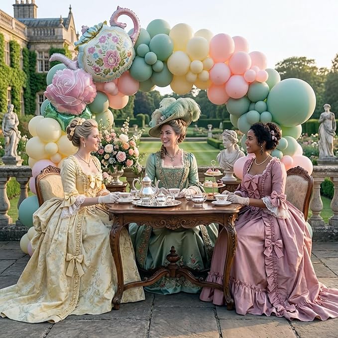 Spirng Tea Party Balloon Garland Kit Pastel sage green pink balloons With Teapot & Rose mylar balloons for outdoor garden Let's Par Tea Girls Birthday Alice in Wonderland decorations