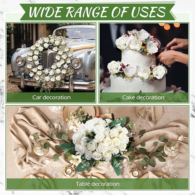 Zeyune 12 Bunches Wedding Bridesmaids Bouquets 144 Heads 7 Inch Artificial Rose Bouquets Silk Fake Flower Bulk with Stems for Valentine's Day Wedding Bridal Shower Home Party Decor(White)
