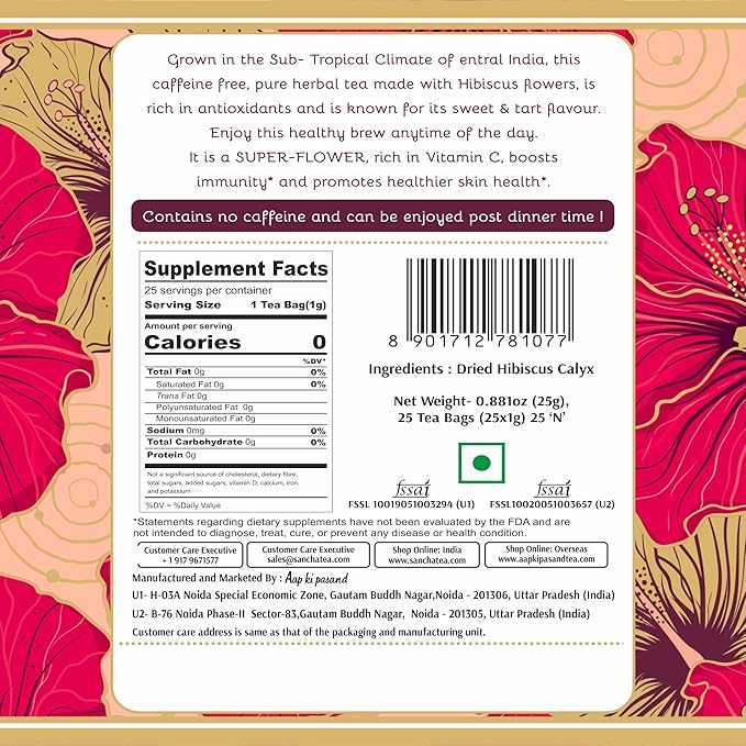 Sancha Tea Boutique, Hibiscus Tea, Caffeine Free Herbal Tisane, 25 Pyramid Bags, Real Hibiscus Flowers, Naturally Sweet & Tart, Perfect Hot or Iced