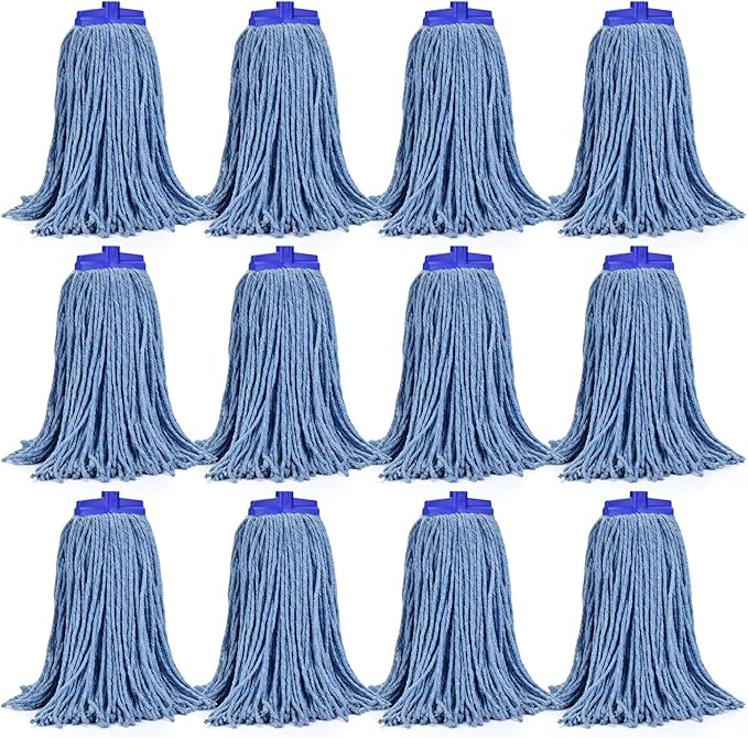 Matthew Cleaning Screw-on Heavy Duty Cotton Wet Mop Replacement Heads(Blue, Large,12 Pack) with 2 Pack Microfiber Cloth for Residential & Commercial Floor Cleaning Use- Fit Standard American Screw