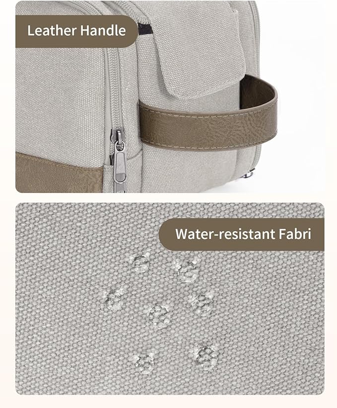 WANDF Toiletry Bag for Men Travel Toiletry Organizer Canvas and Leather Dopp Kit Water-Resistant Shaving Bag for Travel Accessories (Cream Beige, Large)