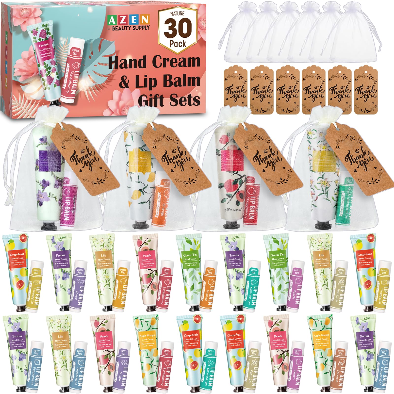 AZEN 30 Sets Bulk Gifts, Hand Cream and Lip Balm Bulk Set with Organza Bag Thank You Card, Baby Shower Wedding Gifts for Guests, Bridal Wedding Favors