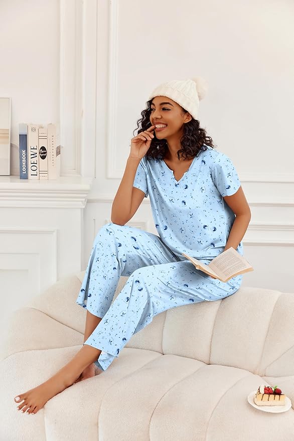 Ekouaer 2 Piece Womens Pajamas V Neck Short Sleeve Top and Long Pants Pjs Print Lounge Set Sleepwear