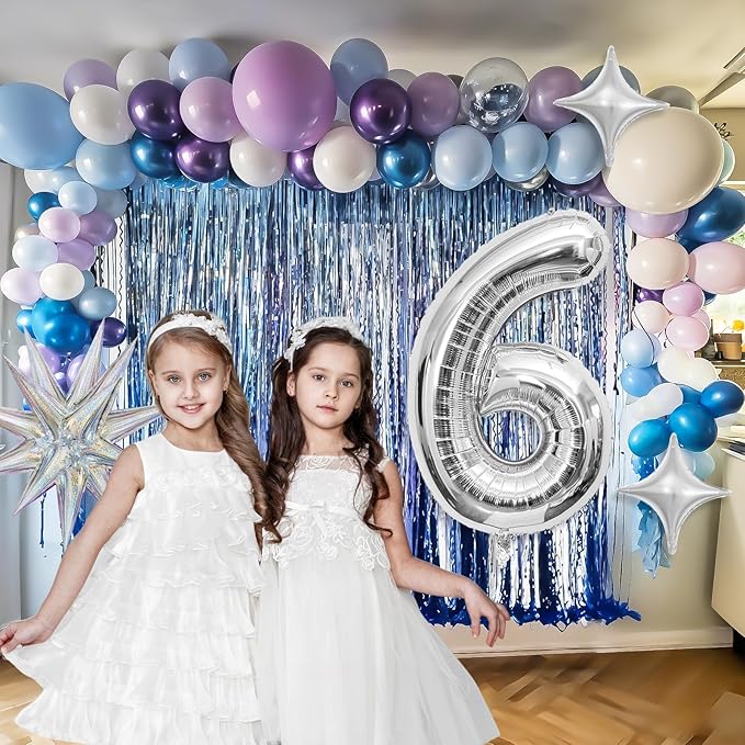 Snow 6th Birthday Decorations Girl, Snowflake Balloon Garland Arch Kit, Laser Explosion Star Balloons, Silver Number 6 Balloon Tower for Baby Shower Girls 6th Snow Theme Party Supplies