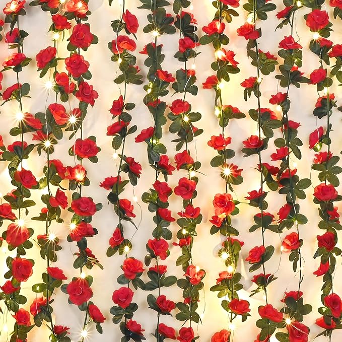 MARTINE MALL Flower Garland Vines, 5 Strands 41Ft With 33 Ft/100 LED String Lights - Rose Decoration for Bedroom, Room, Table, Wedding Decor