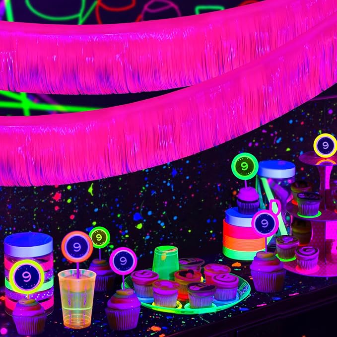 Mega-L Glow in The Dark Party Supplies, 4 Pack Foil Fringe Garland Birthday Party Decorations 9.8 ft Fluorescent Macaron Fuchsia Metallic Tinsel Streamers Banner, Glitter Photo Booth Prop Table Skirt