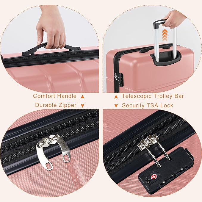 Sweetcrispy Carry on Suitcase, Luggage with Spinner Wheels, Hard Shell ABS, TSA Lock, 24 Inch Pink