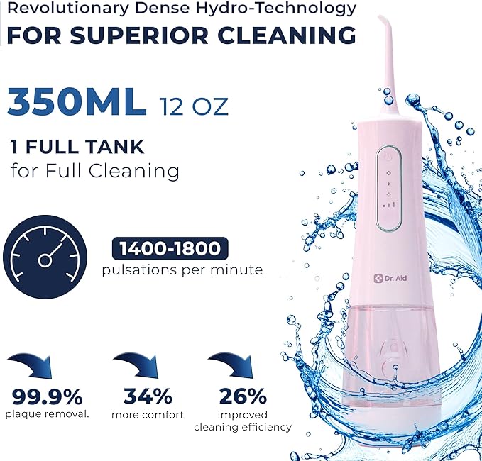 Dr. Aid Dental Water Flosser – Portable Oral Irrigator – 12Oz Tank, Water Filter, 5 Tips, Type C Charger – IPX8 Waterproof Cordless Water Flosser, Ideal Water Flossers for Teeth, Gums, Braces (Pink)