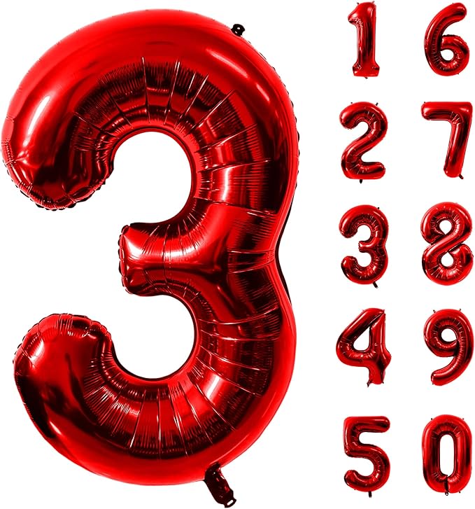 40 Inch Red Number 3 Balloon Large Red Foil Balloon Red 3 Balloons Mylar Helium Balloon for 3rd Birthday Party Decorations Girls Boys Baby Shower Wedding Anniversary Decoration
