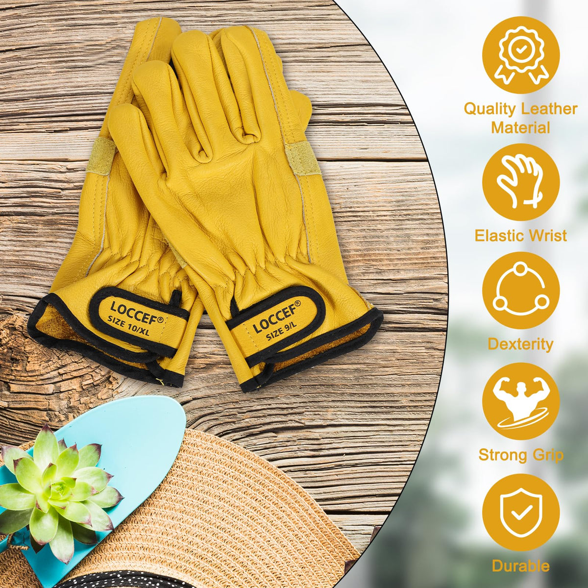 LOCCEF 2 Pairs Leather Work Gloves for Men Women Cowhide Utility (9/L)