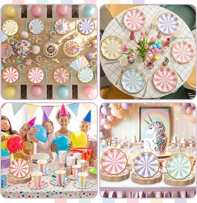 Yungyan 216 Pcs 72 Guest Pastel Party Plates and Napkins Gold Foil Scalloped Edge 6" Paper Dessert Plates and Striped Pastel 9 oz Cup Disposable Tableware Set for Birthday Wedding Baby Shower Supplies