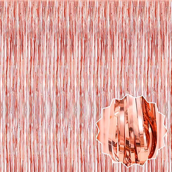 6 Pack Rose Gold Foil Fringe Curtains Backdrop, 3.28 x 9.8 Ft Metallic Streamers Tinsel Curtains Background for Photo Booth, Birthday, Halloween, Christmas, Thanksgiving, New Year Party Decorations