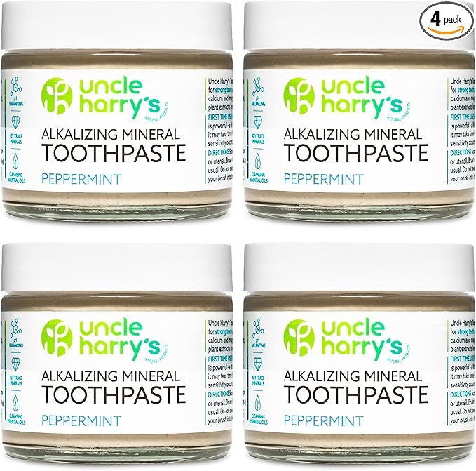 Uncle Harry's Peppermint Remineralizing Toothpaste | Natural Whitening Tooth Paste Freshens Breath & Promotes Enamel | Vegan Fluoride Free Toothpaste (4 Pack)