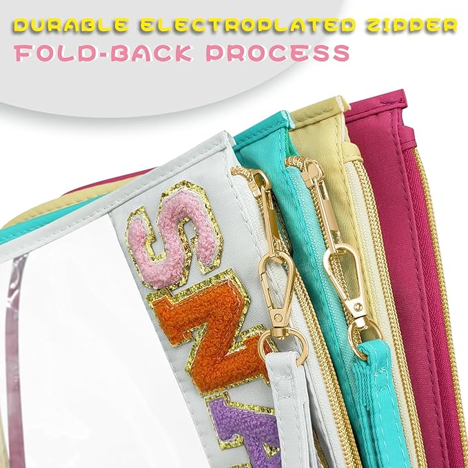 Chenille Letter Clear Travel Zipper Pouch Nylon Makeup Bag, Preppy Makeup Bag Clear Cosmetic Toiletry Bag, Water-proof Makeup Travel Pouch Snack Bags for Women (White-Snacks)