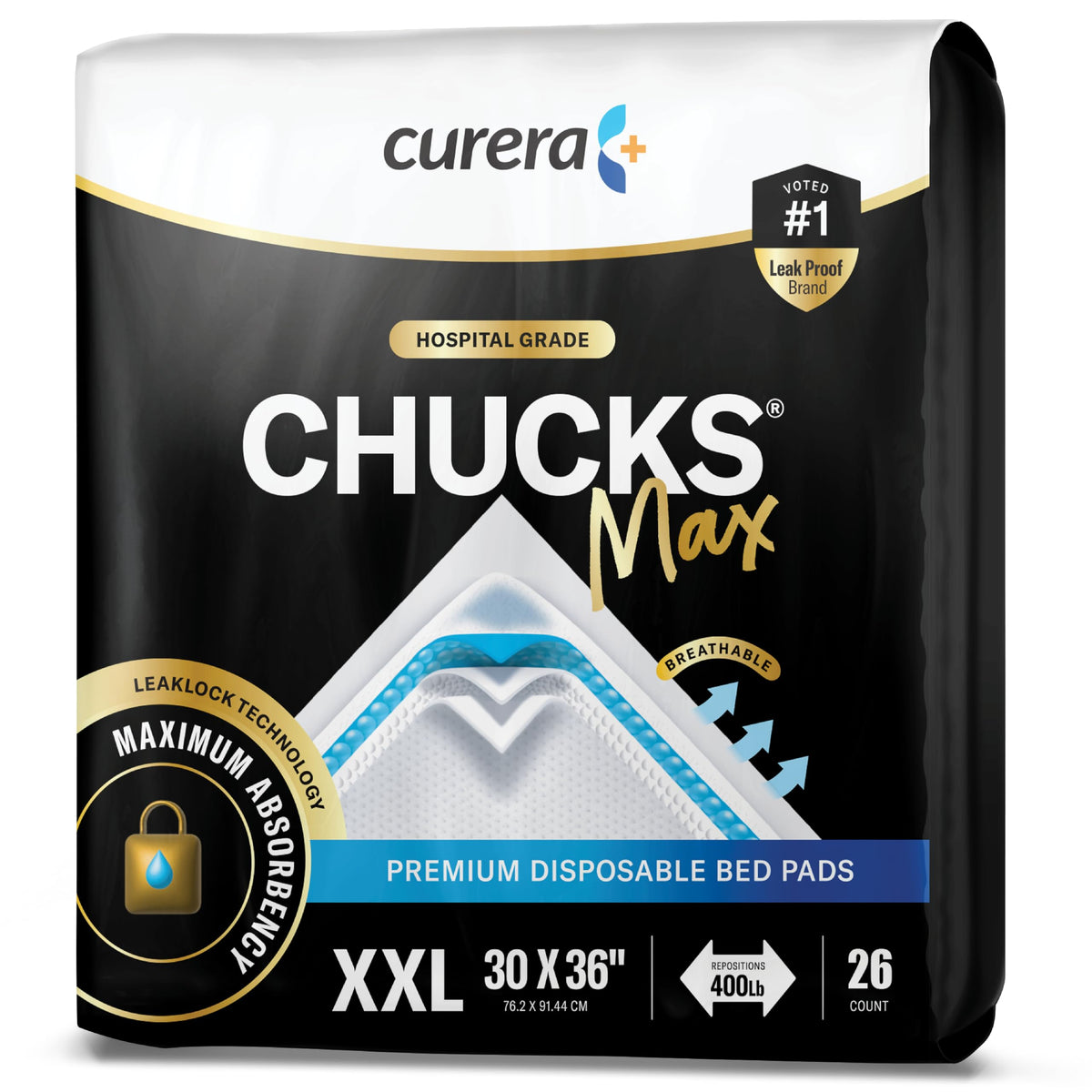 Chucks® MAX Hospital Bed Pads Disposable Adult 30 x 36 Breathable Incontinence Pads - XX-Large Pee Pads for Adults - Heavy Duty 10X Absorbency Underpads - 400 Lbs. Patient Repositioning [26 Count]