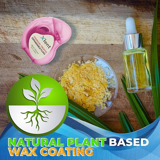 Expandable Floss Treated with Activated Charcoal with Xylitol and Natural Plant Based Wax |Fresh Mint Flavor | 50 Meter (4 Count)