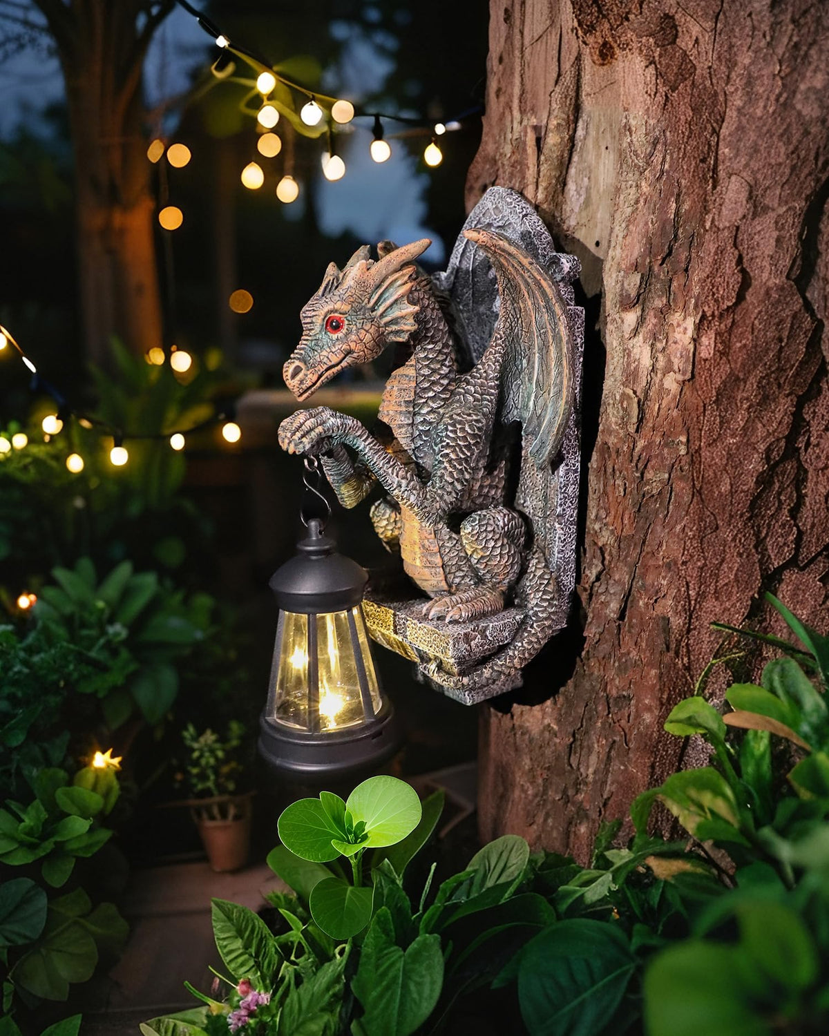 Dragon Statue Solar Lantern for Garden Décor, Dragons Figurine Night Light, 10”Outdoor Decorative Lamp, Mountable on Trees/Walls/Fences. Birthday/Housewarming Gifts for Dragon Fans (Antique Bronze)