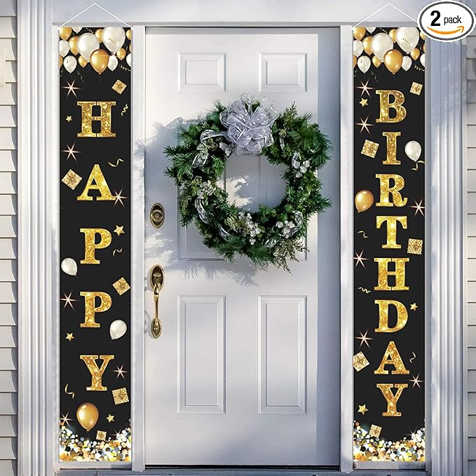 Black Gold Happy Birthday Banner Decorations, Happy Birthday Door Banner Porch Sign Wall Hanging For Outdoor Indoor For Men Women Boys And Girls Birthday Party Decor Supplies
