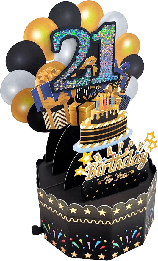 21st Birthday Cards 3D Popup Birthday Greeting Cards - Birthday Greeting Card for Girls and Boys, with Blank Note and Envelope Included (Black Gold)