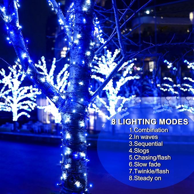Wellisnow 164ft 500 LED Blue White Christmas Lights, 8 Lighting Modes Waterproof Christmas Lights Outdoor Plug in for Christmas Tree Yard Wedding Decorations(164FT,Blue&White)