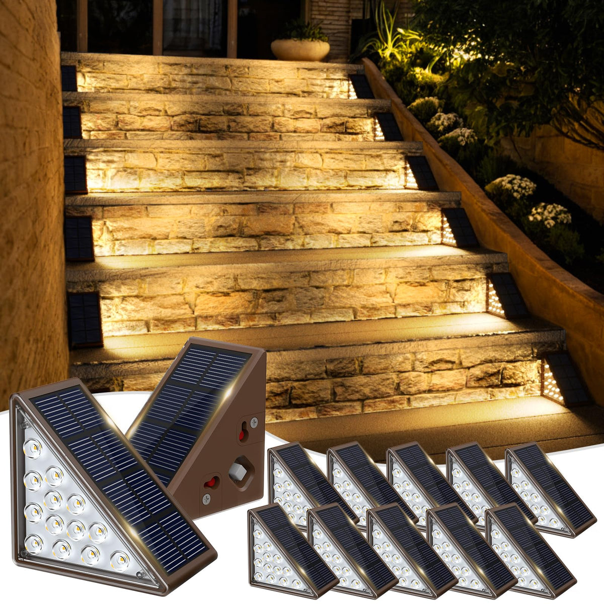JOFIOS Solar Step Lights for Outside, 12pack Solar Stair Lights Outdoor Waterproof IP67, Deck Step Lights, Outdoor Light Decor for Staircase, Patio, Front Step, Pathway, Front Porch(Warm Brown)