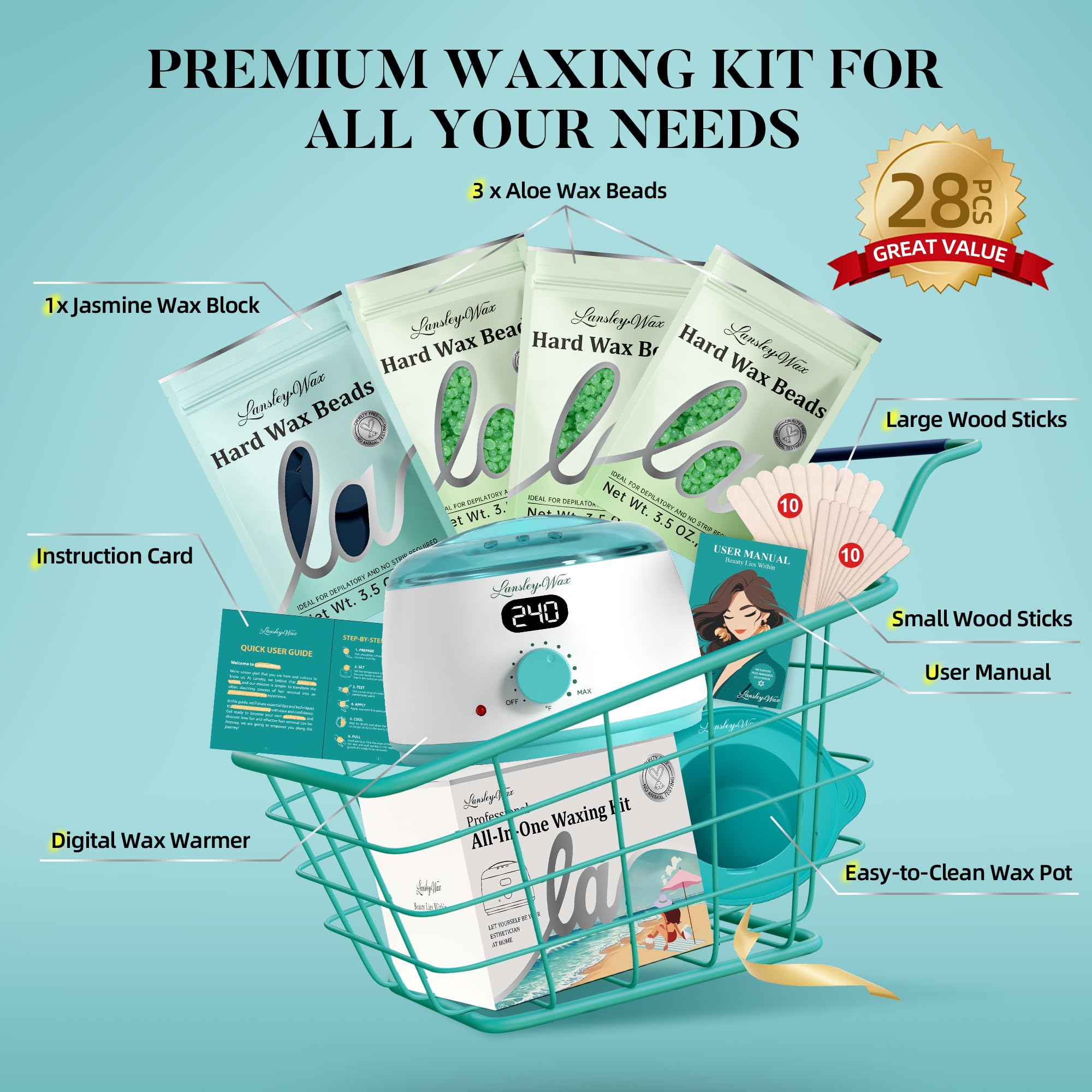 LANSLEYWAX Digital Waxing Kit for Women Men - Green Waxing Machine with 39 Accessories - Hard Wax Kit for Arms Legs Brazilian Bikini Facial Sensitive Skin, Wax Warmer Hair Removal for Home/Salon Use