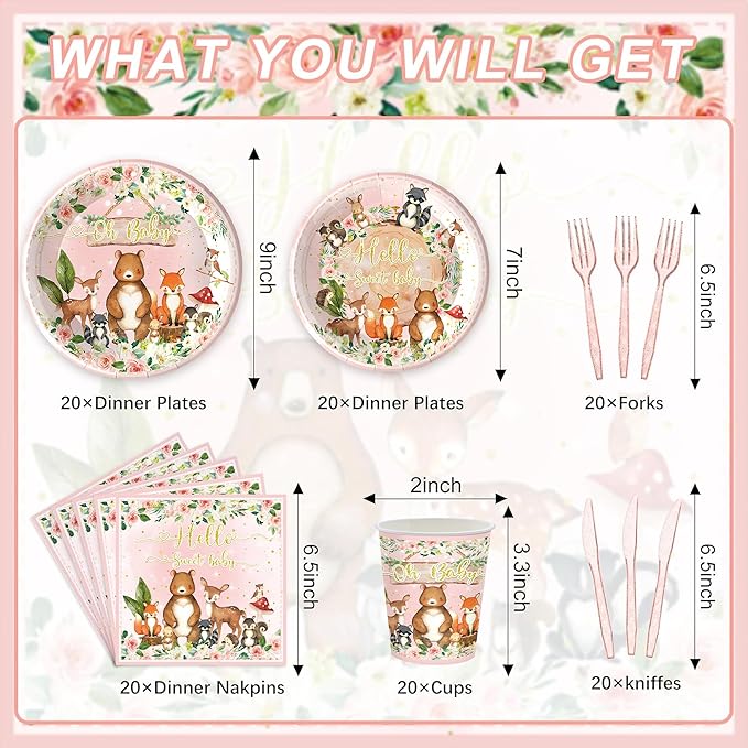 120PCS Woodland Party Supplies for Girls Baby Shower Pink Wild Animal Decorations Plates Napkin Cups Forks Knives Tableware Set for 20 Guests