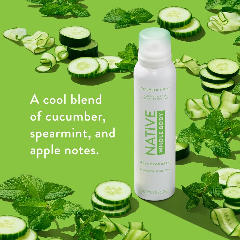 Native Whole Body Deodorant Spray, Cucumber & Mint Scent, 72 Hour Odor Control for Pits, Privates & More, Aluminum Free, Quick-Drying Deodorant for Men & Women, 3.5 oz