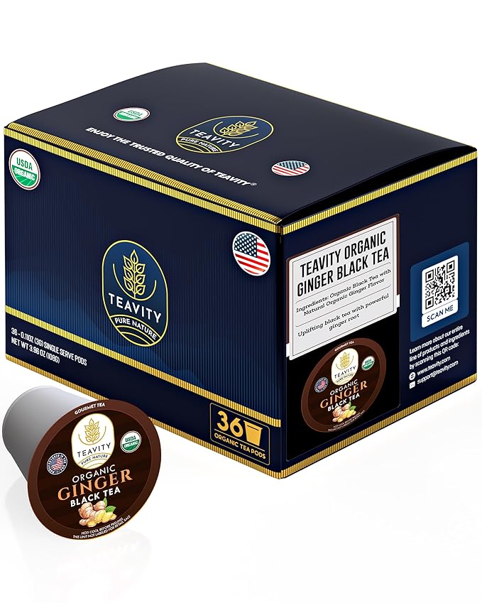 Organic Ginger Tea Pods for Keurig with Unsweet Black Tea for K Cup Brewing - Ginger Black Tea by Teavity (36 Tea Pods)