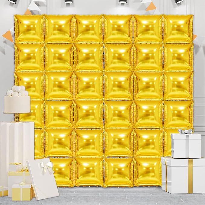 36 Piece XL Golden Square Foil Balloon Wall Screen Double Sided Square Balloon Screen Tunnel Arch Kit Mylar Square Balloons For Baby Shower Graduation Prom Birthday Party Decorations (Golden)