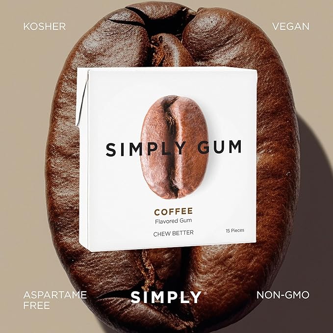 SIMPLY Gum Coffee, Plastic-Free Natural Chewing Gum, 6 Pack (90 Pieces) | Vegan, Kosher, Non GMO, Aspartame Free and Sorbitol Free