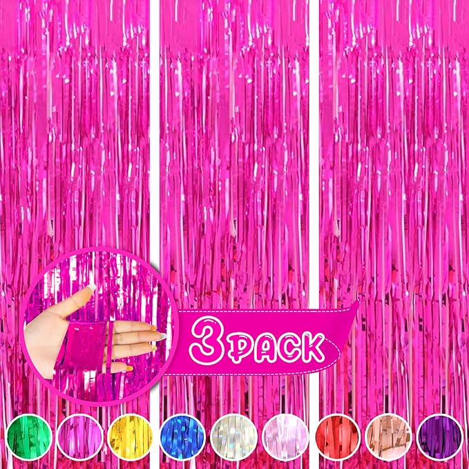 3Pack Pink Foil Fringe Curtain Backdrop - 3.3ft x 8.3ft Metallic Tinsel Photo Booth Decor for Birthday Party Decorations