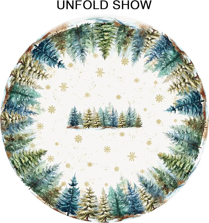 Christmas Round Tablecloth 70 Inch Xmas Tree and Snowflake Pattern White Table Cloth Circle Winter Holiday Table Cover Washable Polyester Indoor Decor for Home Kitchen Dinning Party
