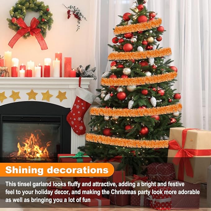 50 Feet Macaron Orange Christmas Tinsel Garland, Metallic Foil Twist Garland Wall Hanging Tinsel Banner Backdrop for Parade Floats, Easter, Mother's Day, Wedding Party Decorations (2in x 50ft)