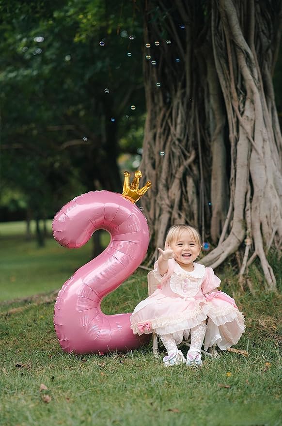 40 inch Pink Number 2 Balloon with Crown, Pink Crown Balloons 0-9 for 2nd Birthday Party Anniversary Decorations Supplies