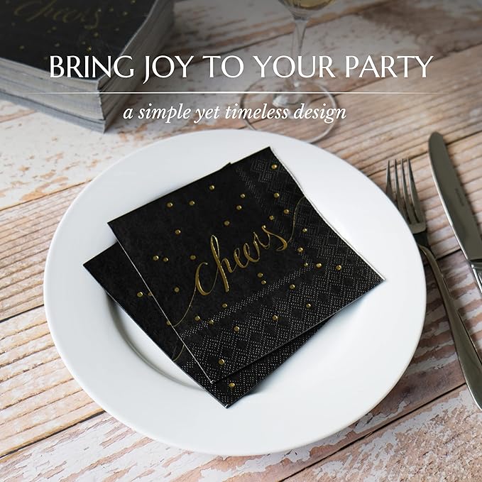 Black & Gold Disposable Party Napkins - 3 Ply, Pack of 100 for Bar, Cocktail, Bachelorette Parties