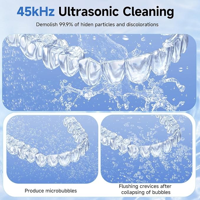 Ultrasonic Retainer Cleaner Machine, 45kHz Dental Cleaning Pod for Denture, Aligner, Nightguard, Mouth Guard, Toothbrush, Jewelry, with Digital Timer, 200ML & 4 Modes for All Dental Appliances