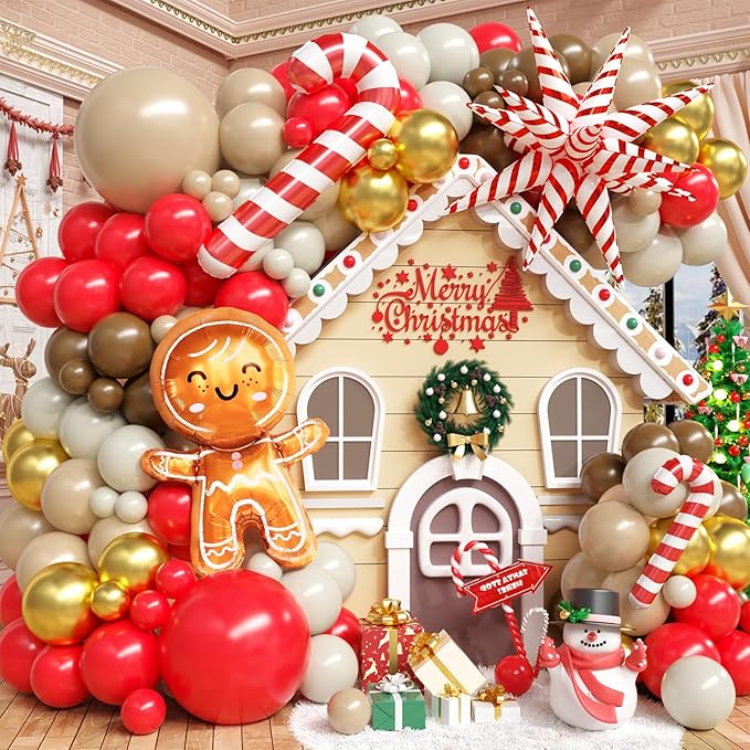 FunHot Christmas Balloon Arch Kit, Xmas Beige Red Balloon Garland, Apricot Brown Red Metallic Gold Latex Balloons with Gingerbread Man Candy Cane Star Foil Balloons for Christmas Party Decorations