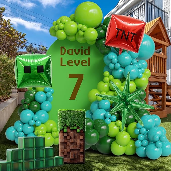 Video Game Balloon Arch Kit 138PCS Green Blue Balloon Arch Kit Pixel Theme Foil Block TNT Cube Balloons –Camo Gaming Party Decoration for Boy, Blue Green Black Garland for Gamer Birthday Game on Night