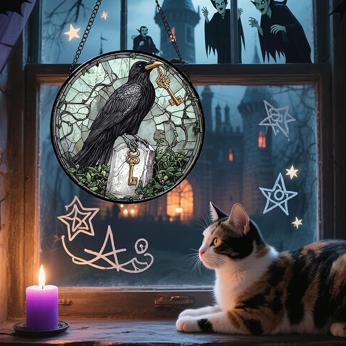 Stained Glass Window Hanging - Halloween Crow Holding A Key Suncatcher for Doors Garden Home Spooky Green Vines Sun Catchers Gothic Decor Horror Gift for Women Men Friend Boy Girl 6.3 in