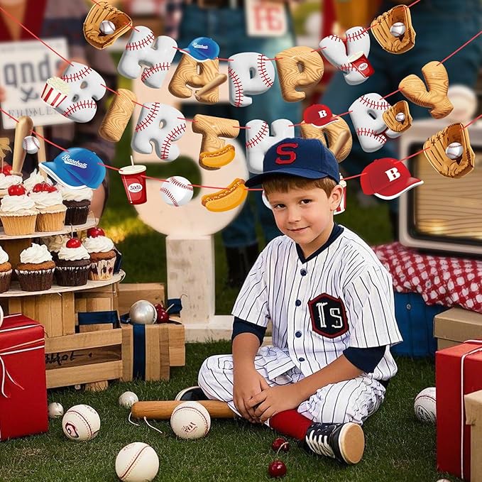 Pre-Strung Baseball Birthday Decorations, Baseball Happy Birthday Banners, Pre-Assembled Sports Banners Decorations