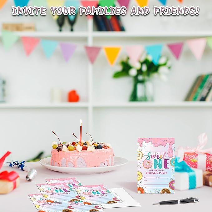 Donut Sweet One Birthday Party Invitations, 20-Count Donut First Birthday Party Invites With Envelopes-HBYQK-B46