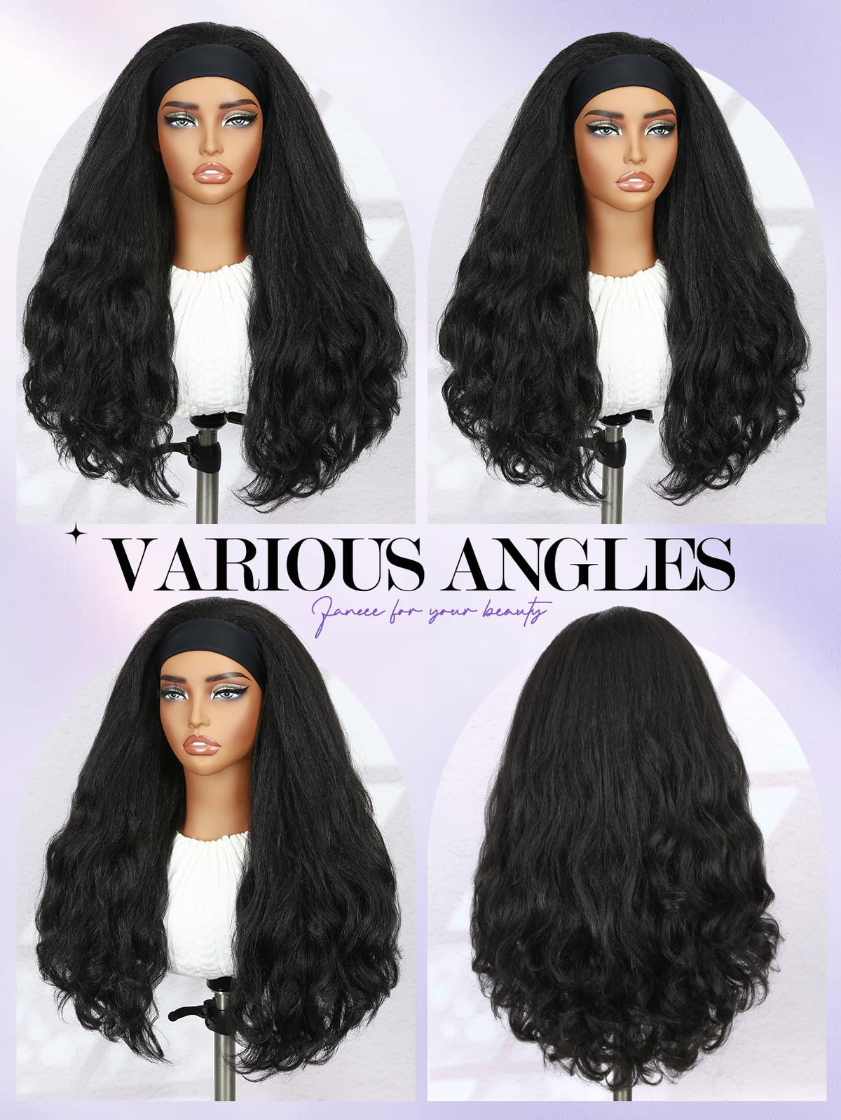 FANCEE Yaki Wavy Headband Wigs for Black Women 26 Inch Black Kinky Straight Wear and Go Wig with Curly Wavy Ends Synthetic Glueless Half Wig with Headbands Attached Blow Out Style Natural Hair Texture