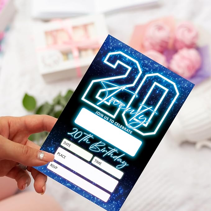 SIXEIGHT Blue 20th Birthday Invitations for Boys, Neon Glow Party Invitations for Girls Kids, 20 Pack Double Sided Invite Cards with Envelopes, 20th Glow Neon Birthday Party Decorations, 4x6 Inch-C53