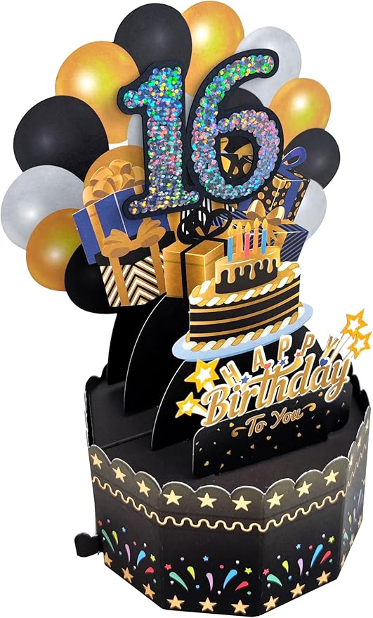 16th Birthday Cards 3D Popup Birthday Greeting Cards - Birthday Greeting Card for Girls and Boys, with Blank Note and Envelope Included (Black Gold)