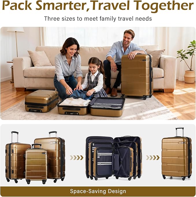 Coolife Medium Checked Luggage Hardside PC+ABS Suitcase with TSA Lock, Lightweight Rolling Carry On with Spinner Wheels(Black Brown, 24in)